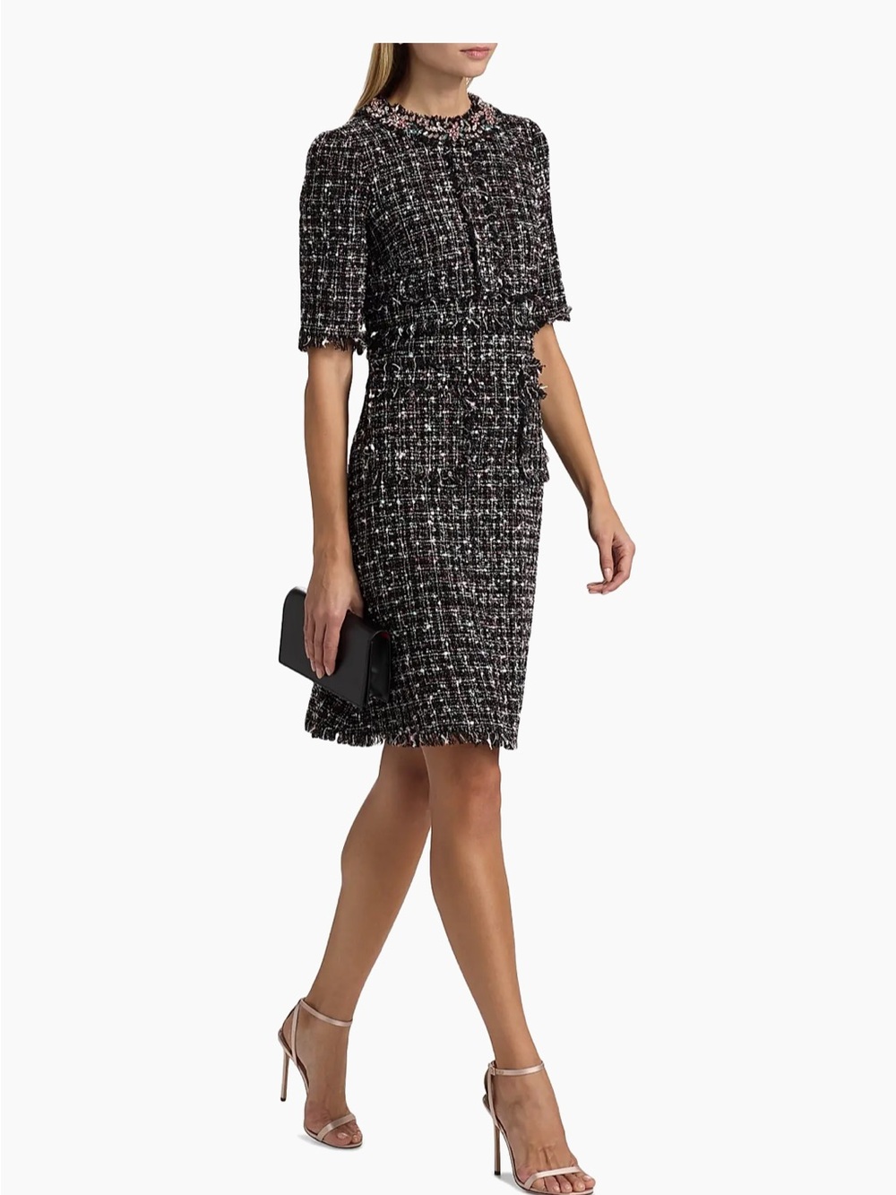 Rickie Freeman Teri Jon Tweed Dress Womens 16 Black NWT Crystal Fringe Pockets - Picture 3 of 13
